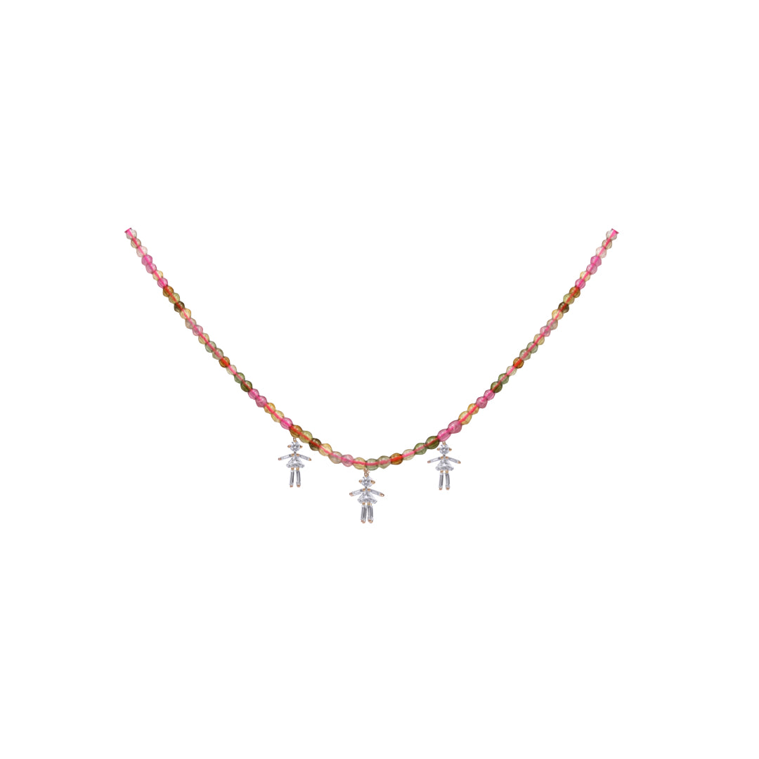 Diamonds and 18Kt yellow / rose / white gold triple girls rainbow necklace